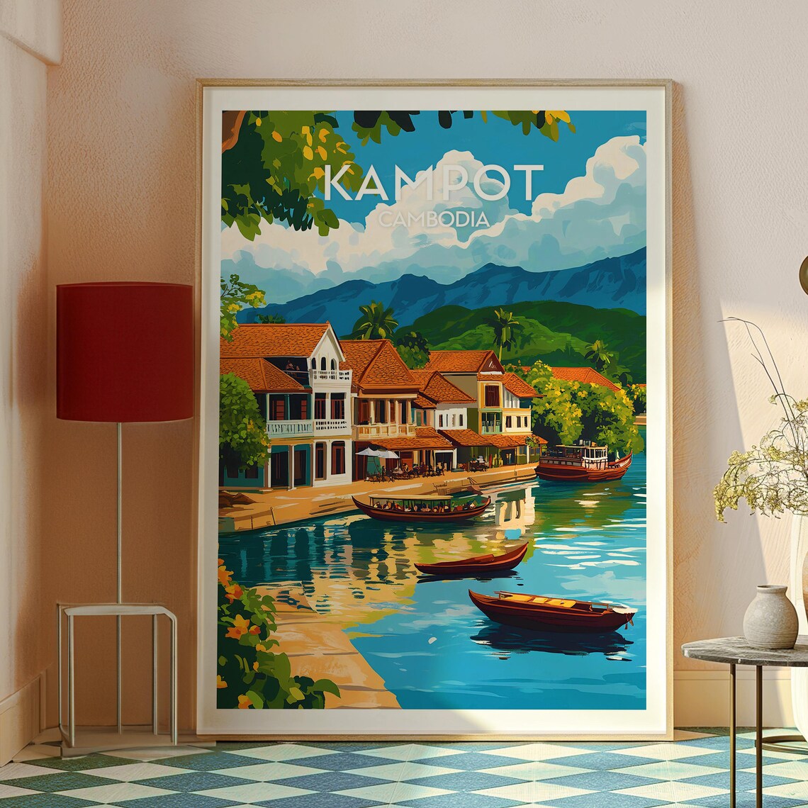 Kampot Cambodia Riverfront Shophouses Boats Mountains Travel Poster - Image 2