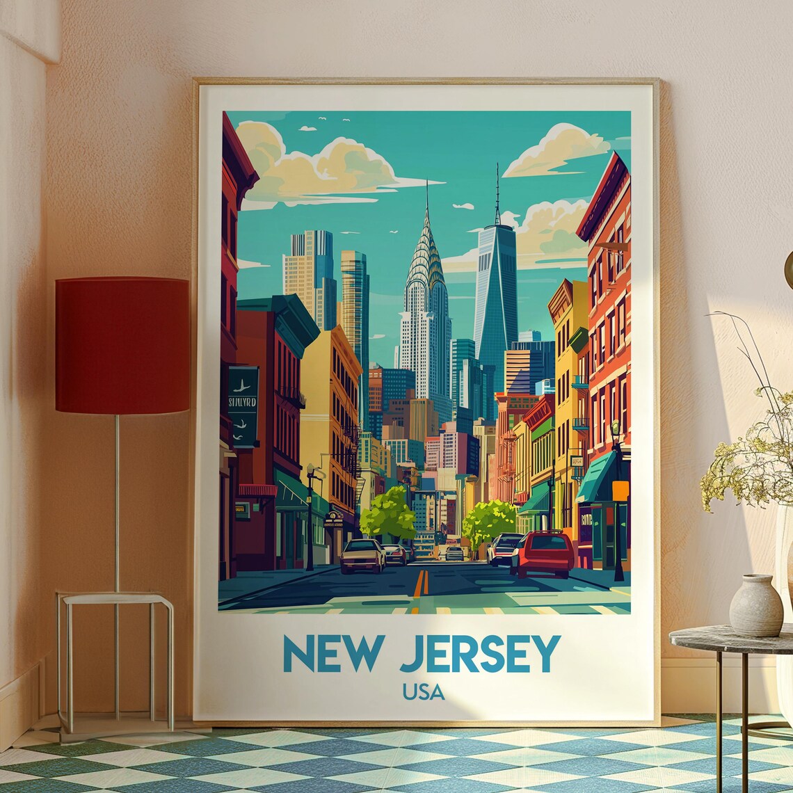 New Jersey USA Street View Manhattan Skyline Retro Travel Poster - Image 2