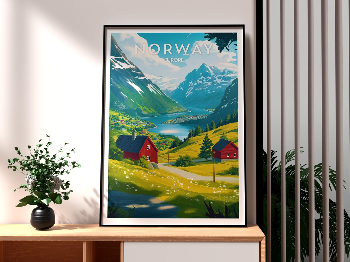 Norway Europe Fjord Valley Red Cabins and Snowy Peaks Poster