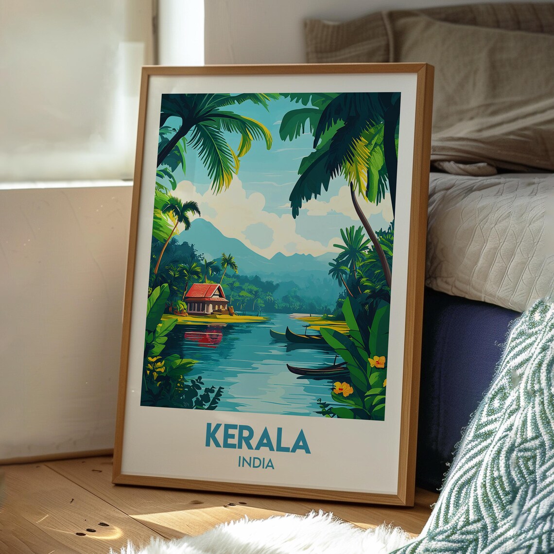 Kerala India Lush Backwater Palm Canal Boat Vintage Travel Art Poster - Image 3