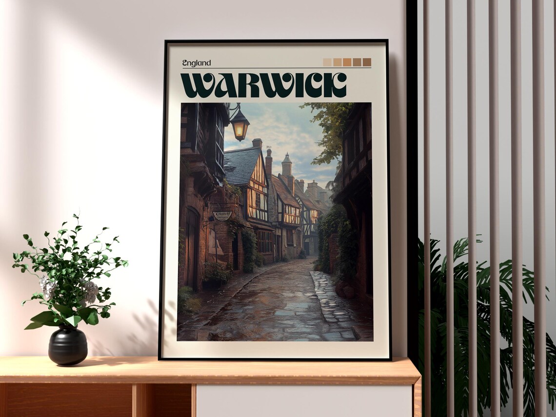 Warwick England Historic Tudor Street Old Town Vintage Travel Poster