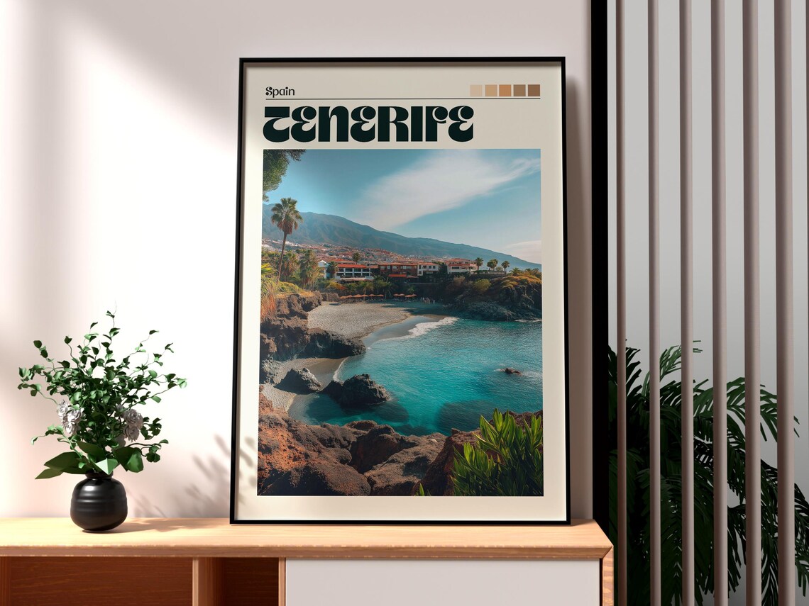 Tenerife Spain Volcanic Cove Turquoise Beach Retro Travel Poster