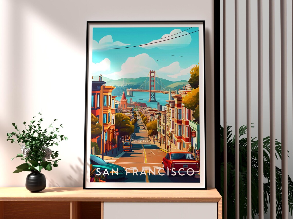 San Francisco Golden Gate Bridge Steep Victorian Street Poster
