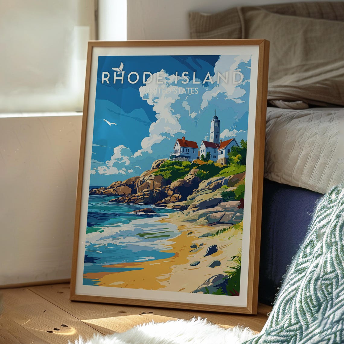 Rhode Island Lighthouse Rocky Cliffs Golden Beach Waves Poster - Image 3