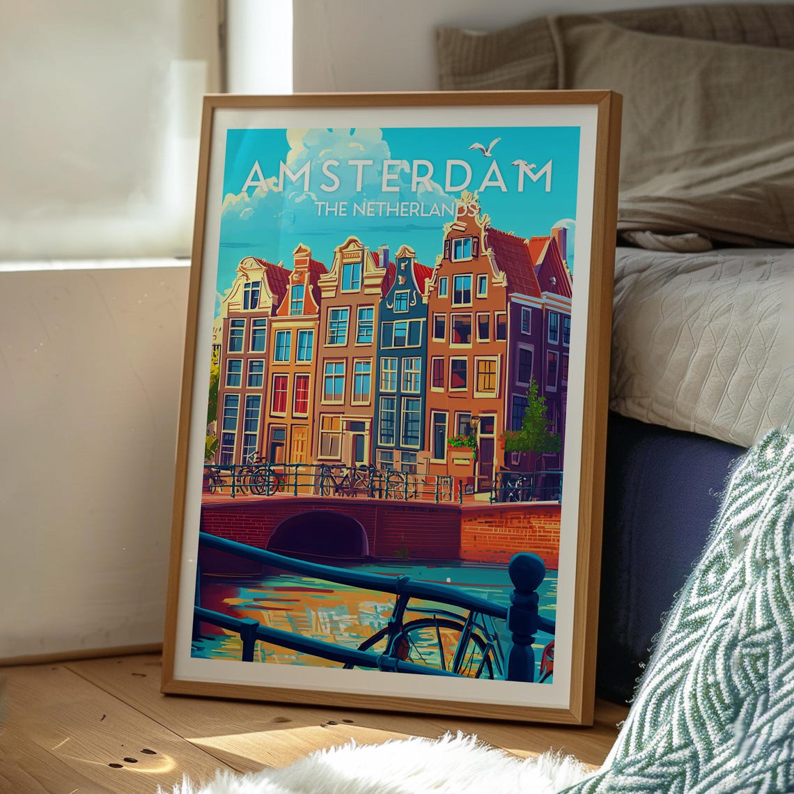 Amsterdam Netherlands Canal Bridge Reflection Dutch Travel Poster - Image 3