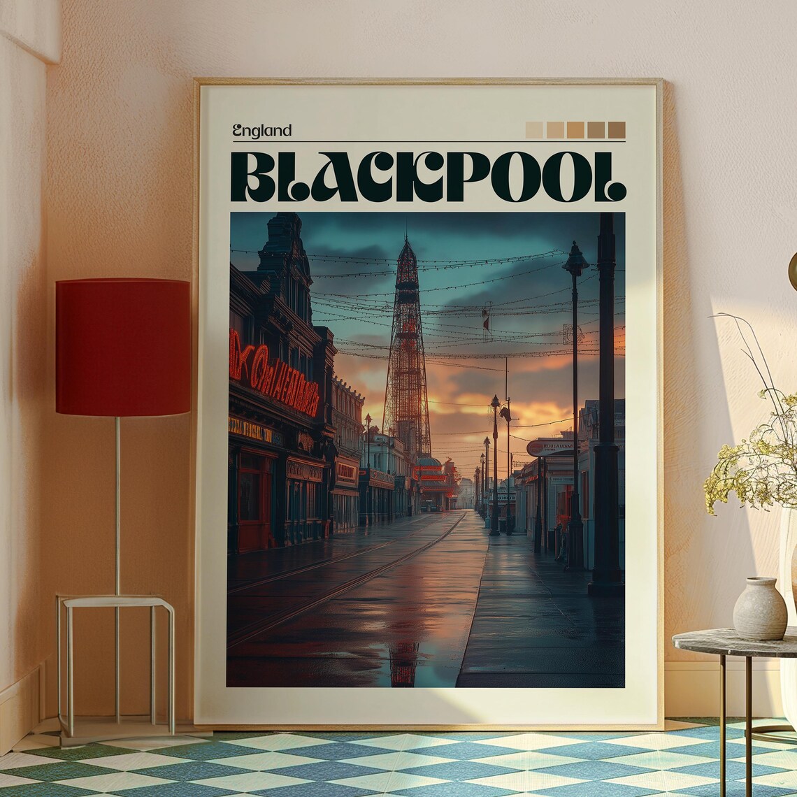 Blackpool England Tower and Promenade at Dusk Scene Travel Poster - Image 2