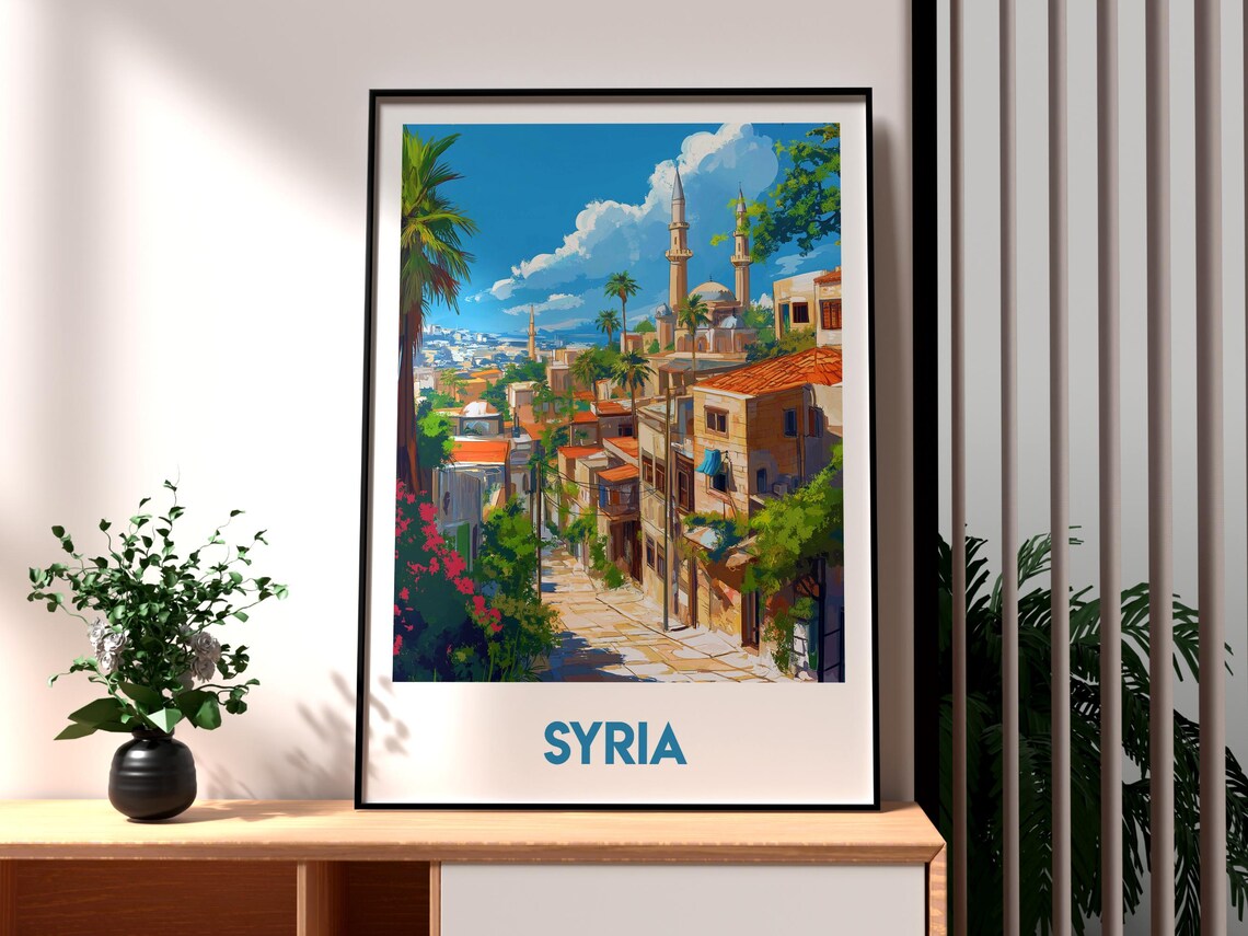 Syria Old Town Street Mosque Minarets Palm Trees Travel Poster
