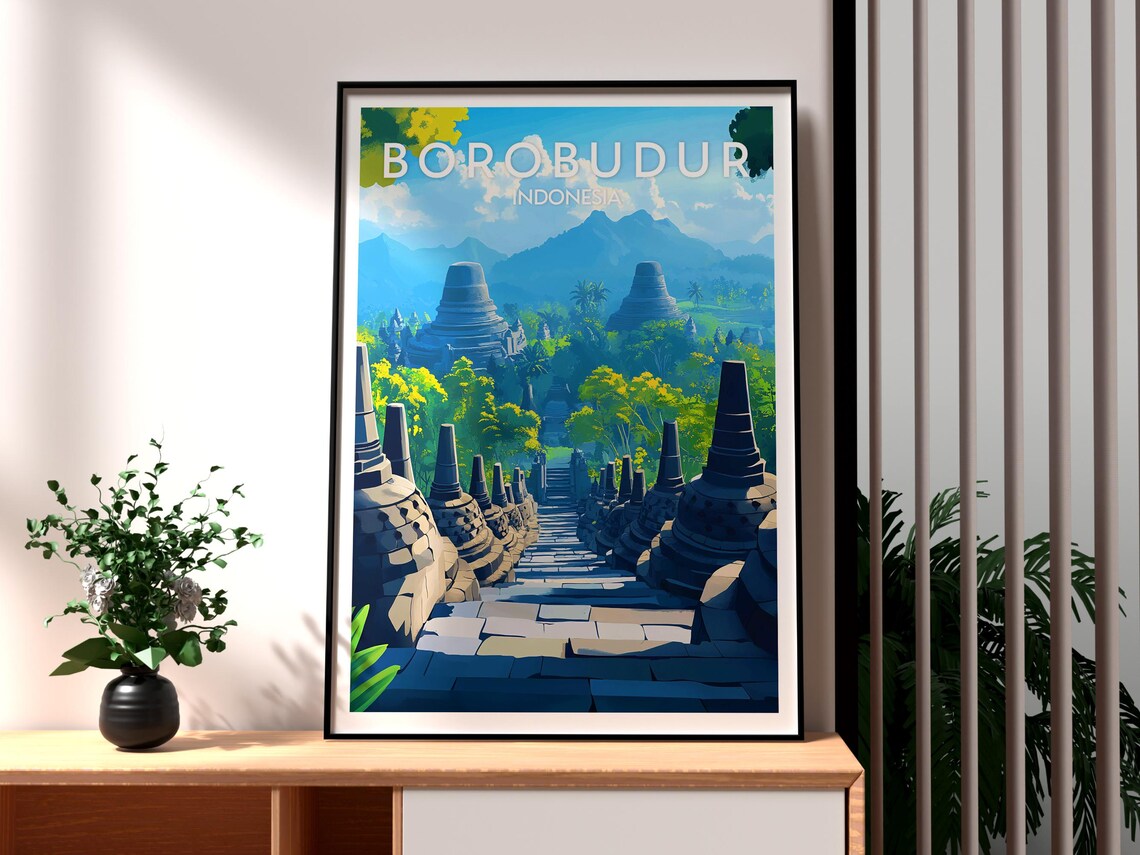 Borobudur Indonesia Ancient Buddhist Temple Stupas Travel Poster