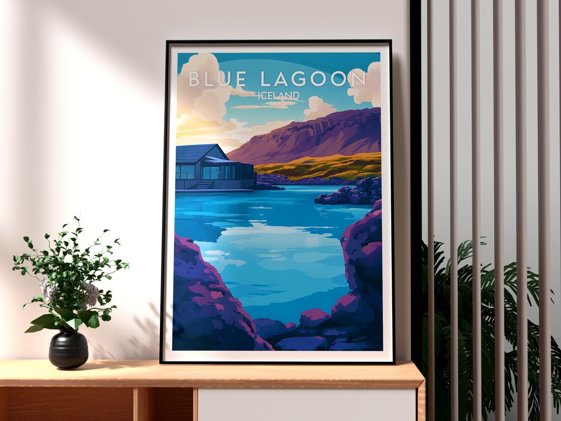 Blue Lagoon Iceland Geothermal Spa Illustrated Art Travel Poster