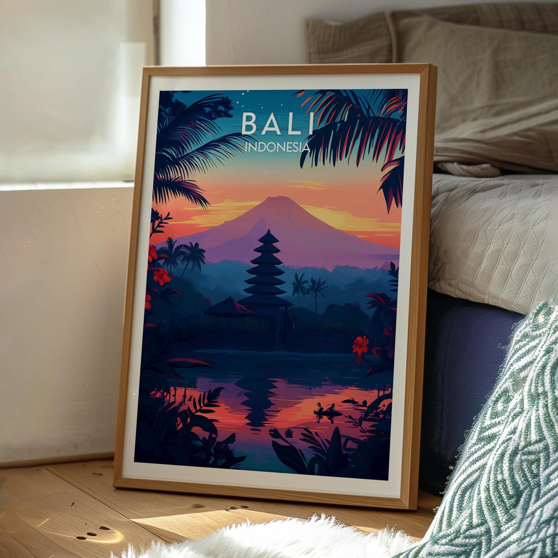 Bali Indonesia Temple Volcano Sunset Serene Tropical Art Poster - Image 2