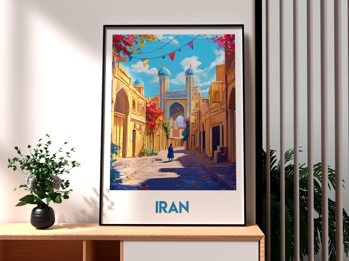 Iran Historic Old Town Street Blue Tiled Mosque Colorful Poster