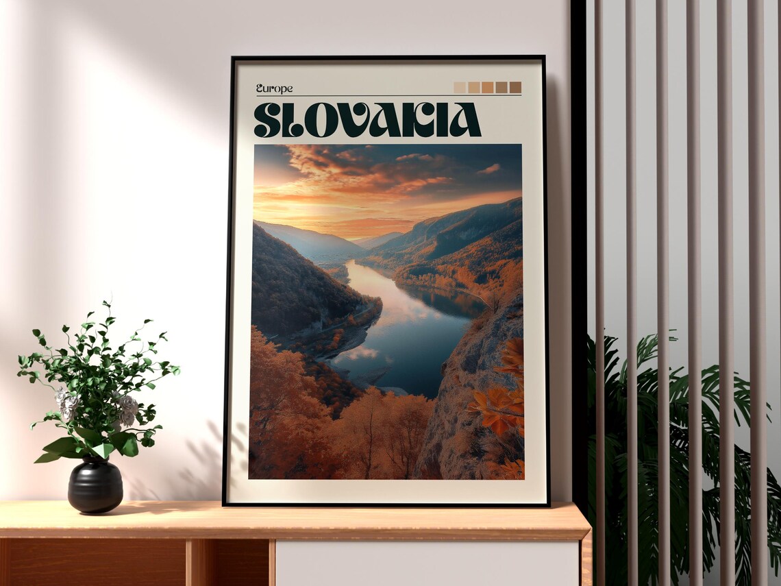 Slovakia Autumn River Valley Mountains Sunset Landscape Travel Poster