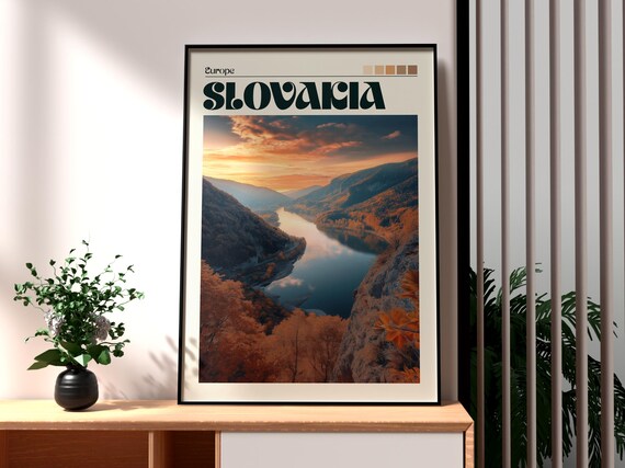 Slovakia Autumn River Valley Mountains Sunset Landscape Travel Poster