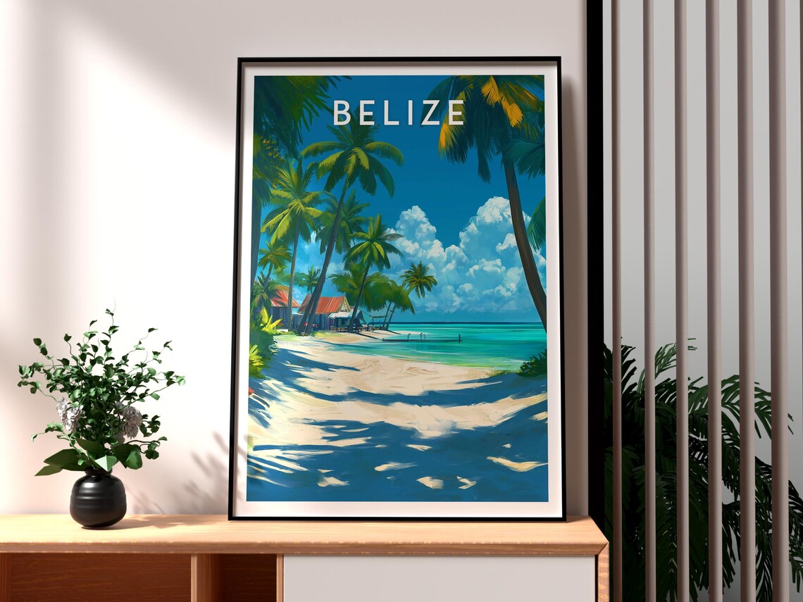 Belize Tropical Palm Beach Turquoise Sea Vintage Travel Poster