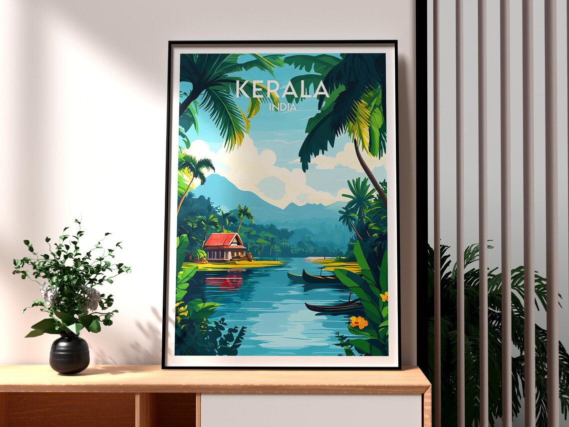 Kerala India Serene Backwaters Palm Houseboat Lagoon Travel Poster