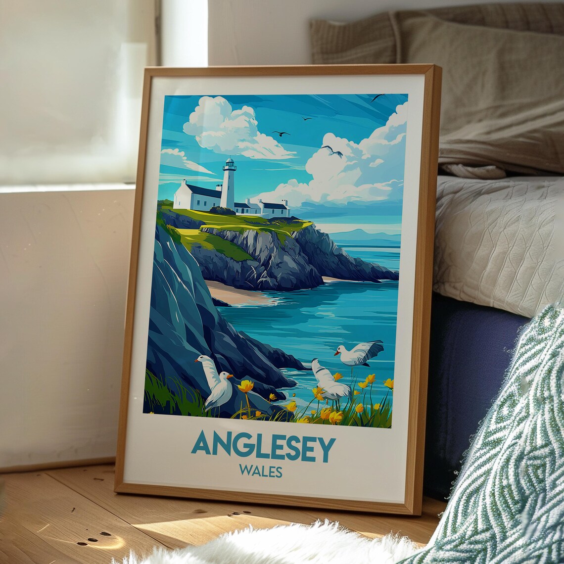 Anglesey Wales Lighthouse Cliff Coast Seabirds Vintage Travel Poster - Image 3