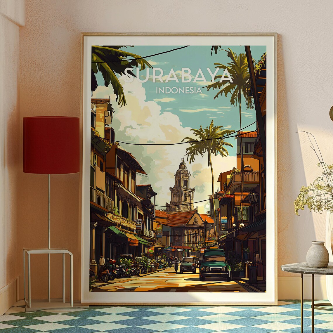 Surabaya Indonesia Old Town Street Palms Colonial Travel Poster - Image 3