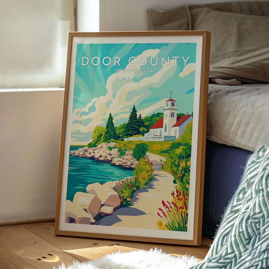 Door County Wisconsin Retro Travel Poster Lakeside Church Art - Image 3