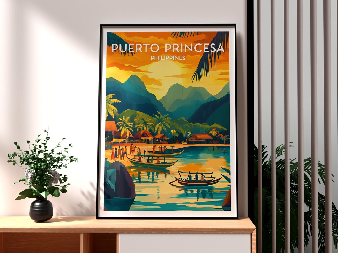 Puerto Princesa Philippines Sunset Bay Boats Palawan Travel Poster