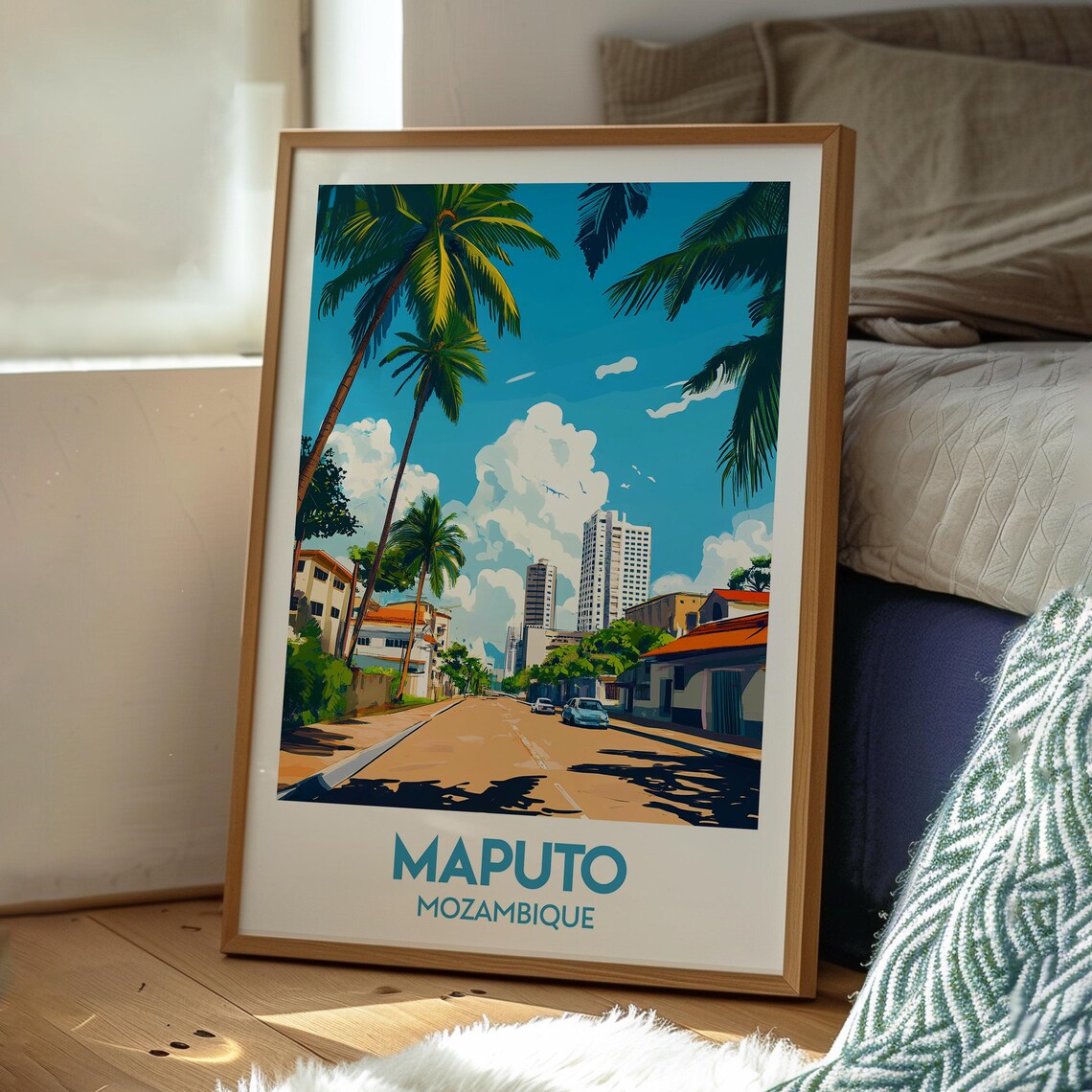 Maputo Mozambique Palm Avenue Sunlit Street Retro Travel Poster - Image 3
