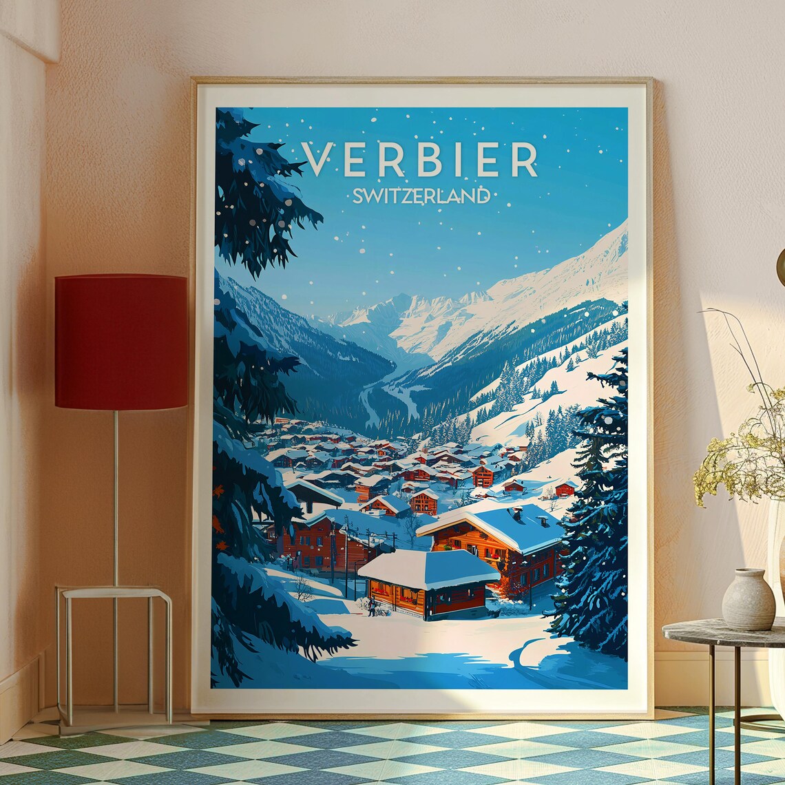 Verbier Switzerland Snowy Alpine Village Peaks Ski Resort Retro Poster - Image 2