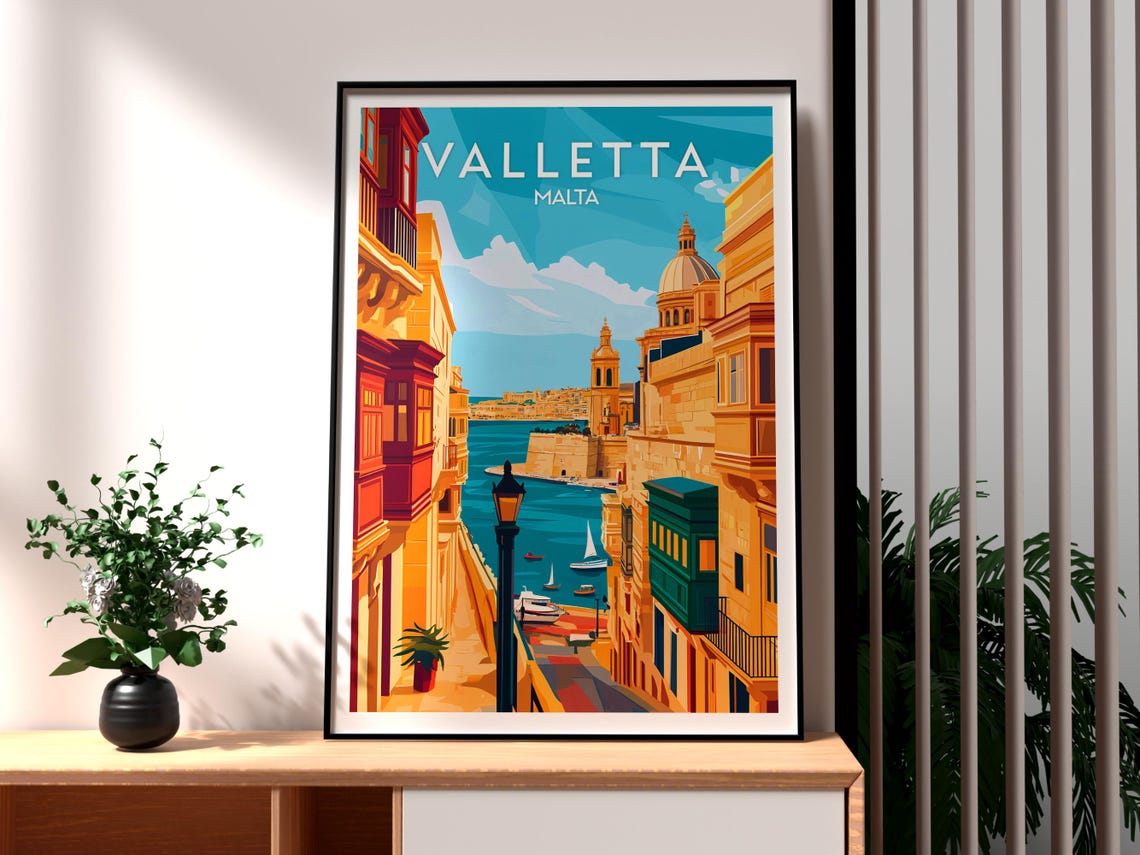 Valletta Malta Sunny Historic Seafront Street Retro Travel Poster