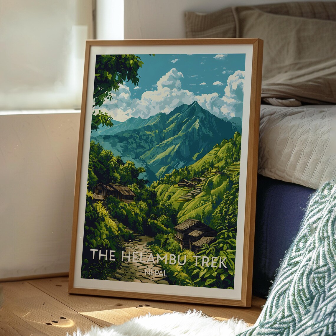 Helambu Trek Nepal Green Valley Village Huts Mountain Travel Poster - Image 2