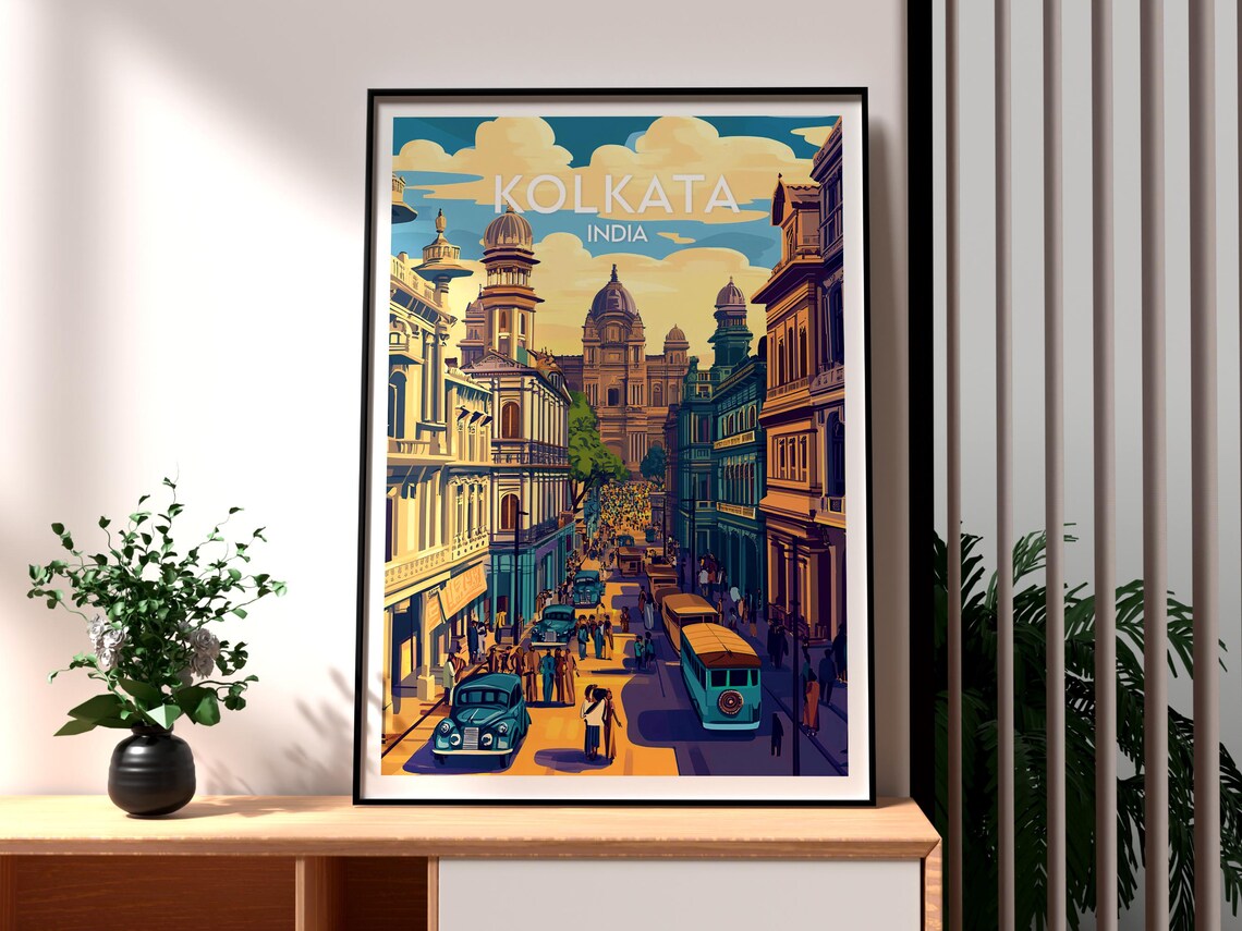 Kolkata India Busy Colonial Street Vintage Cars Travel Poster