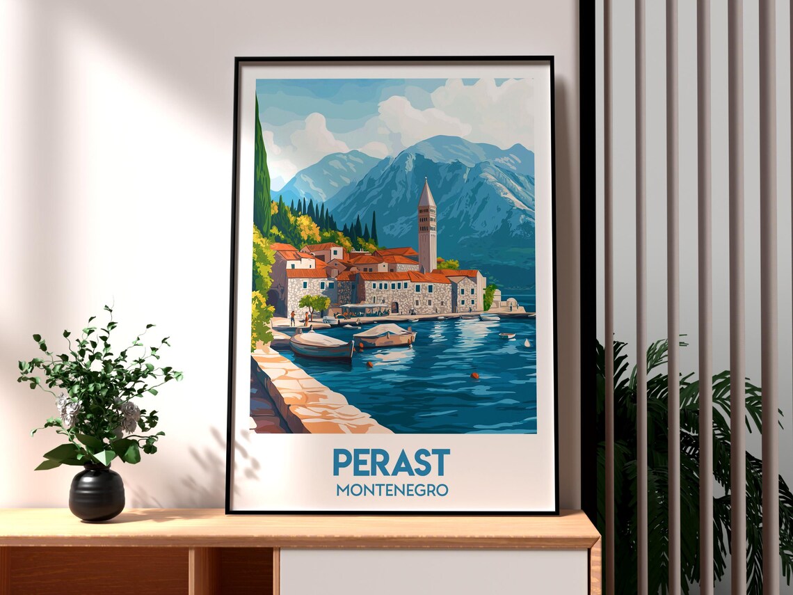 Perast Montenegro Bay of Kotor Boats Church Tower Travel Poster