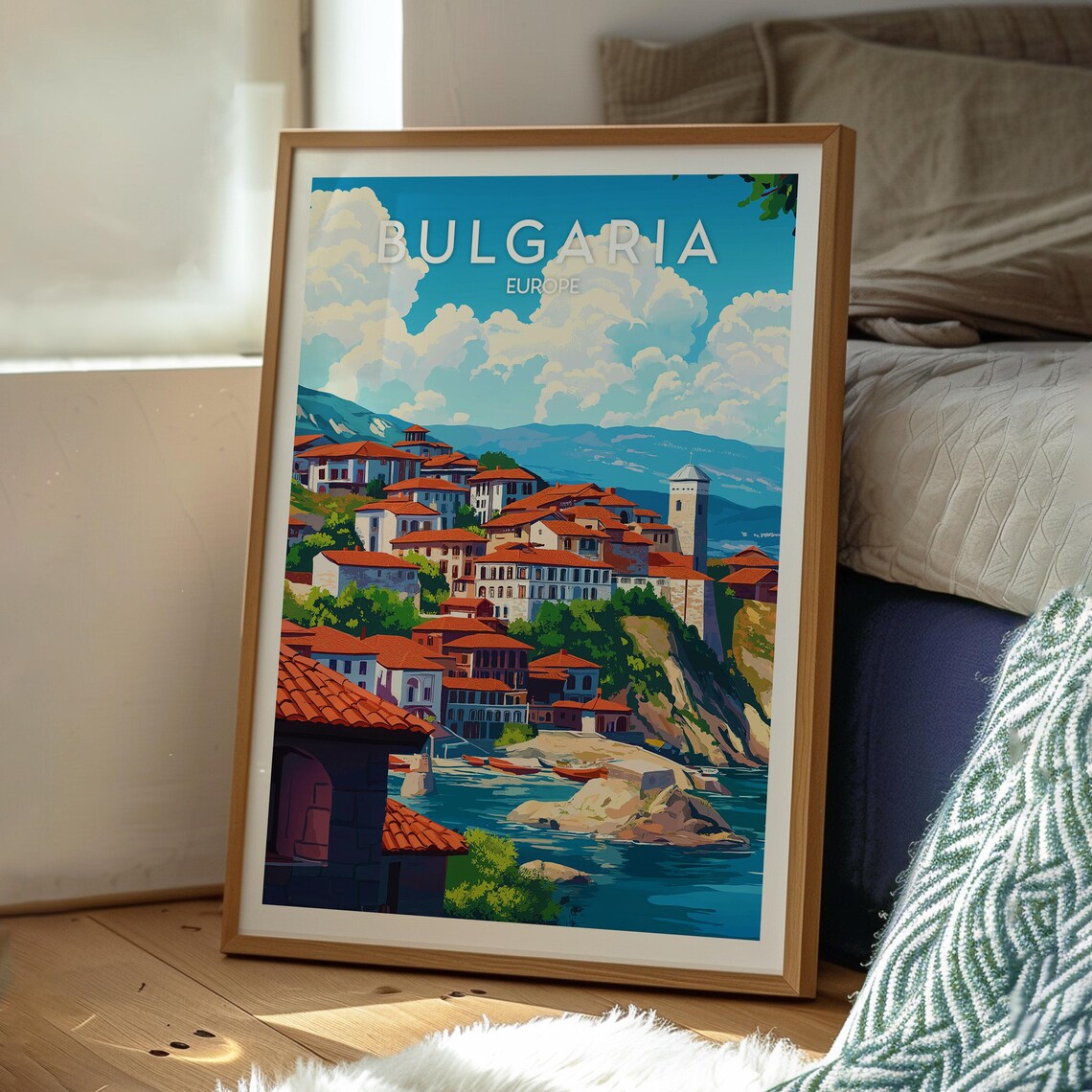 Bulgaria Europe Coastal Old Town Red Roofs Harbor Travel Poster - Image 3