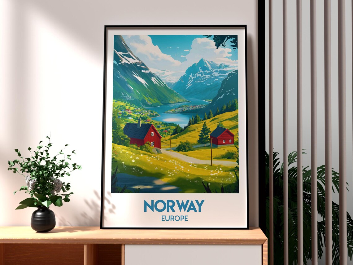 Norway Europe Red Cabins Fjord Valley Snow Peaks Travel Poster