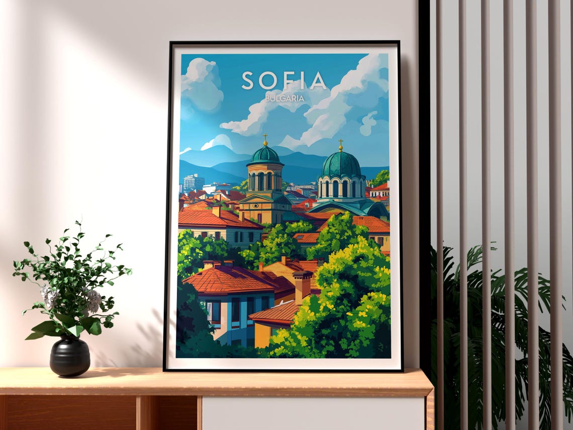 Sofia Bulgaria Old Town Domed Church Rooftops Retro Travel Poster