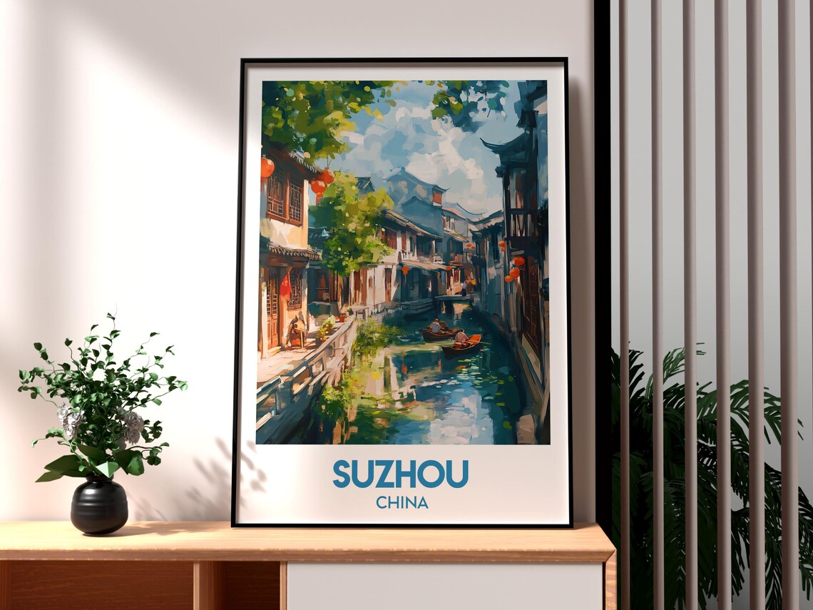 Suzhou China Canal Water Town Boats Retro Vintage Travel Poster