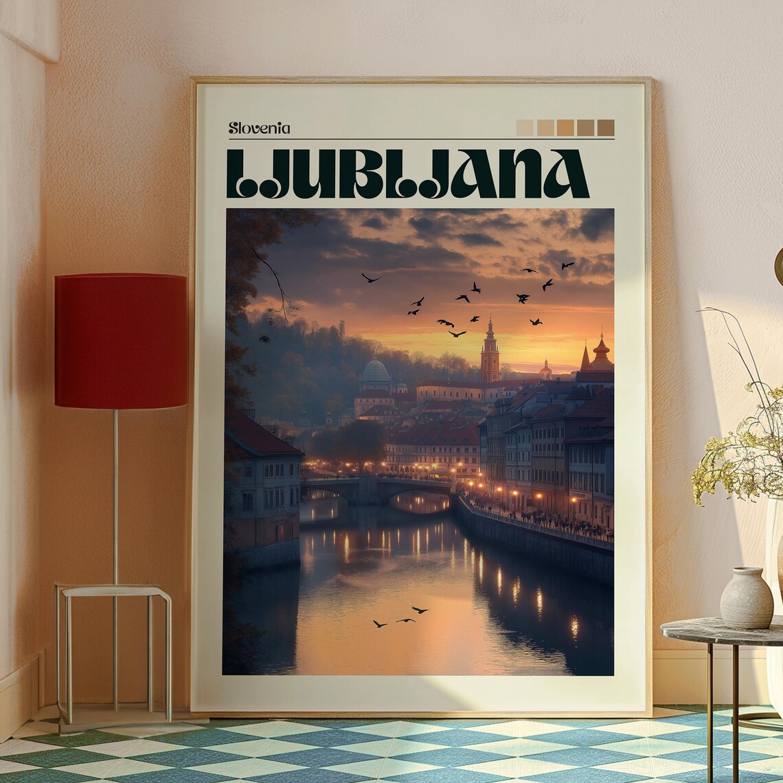 Ljubljana Slovenia Sunset River Bridges Birds Evening Travel Poster - Image 2