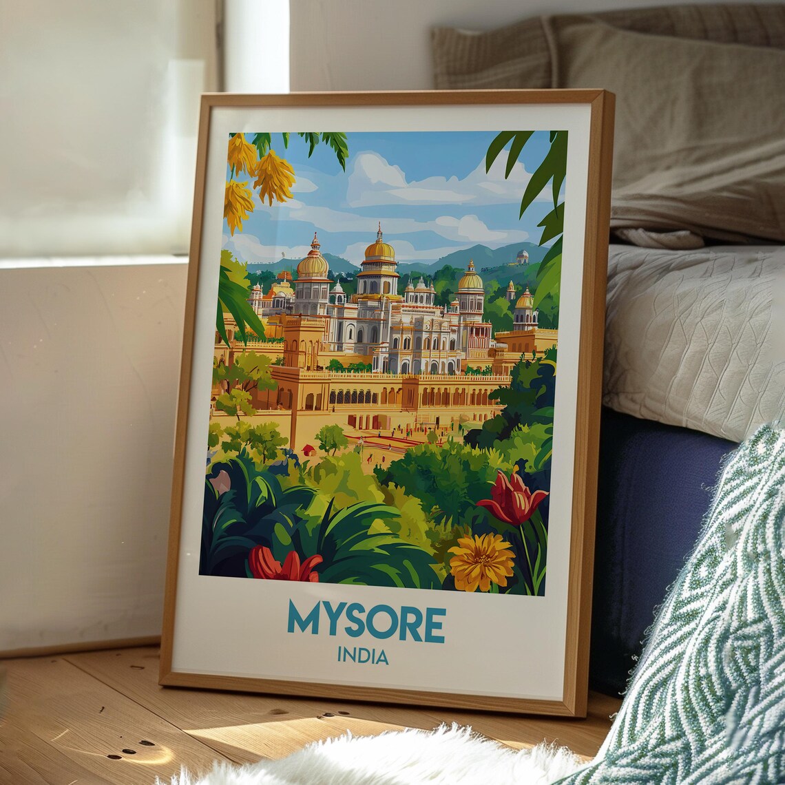 Mysore India Golden Palace Gardens Illustrated Travel Poster - Image 3