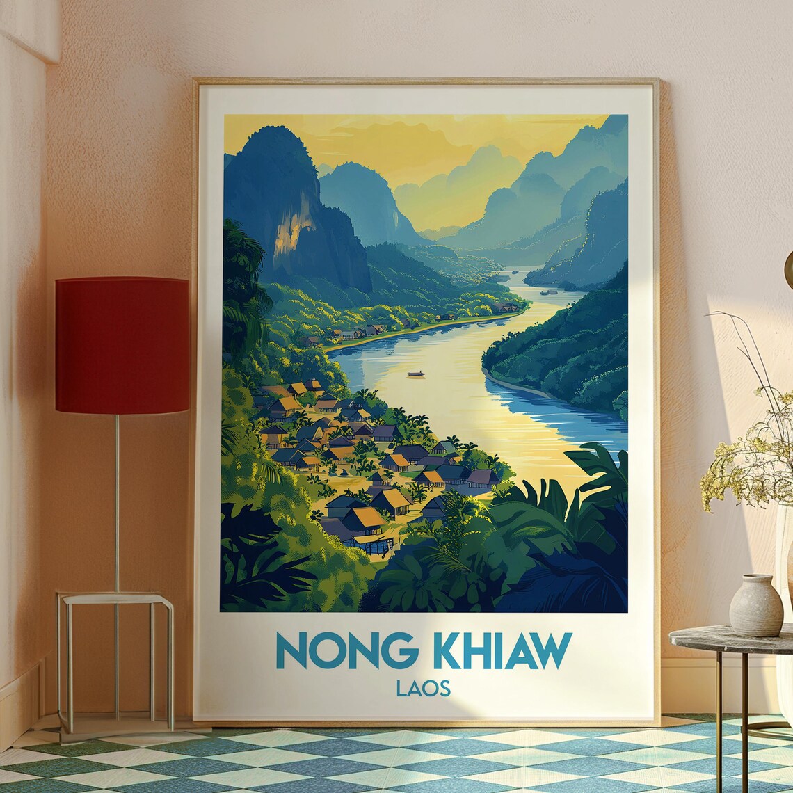 Nong Khiaw Laos River Village Karst Cliffs Illustrated Travel Poster - Image 2