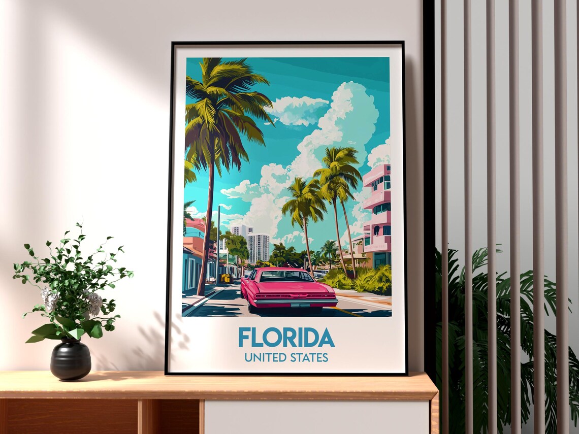 Florida United States Art Deco Palms Pink Vintage Car Poster