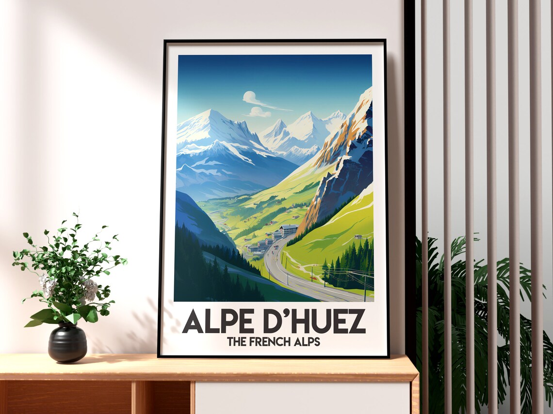 Alpe d'Huez French Alps Snowy Peaks Winding Road Scenic Travel Poster