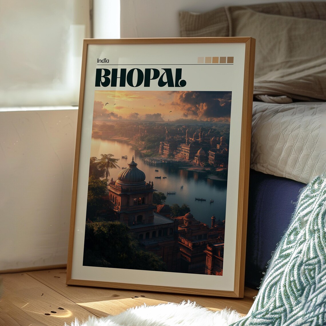 Bhopal India Lake Sunset Domed Palace View Scene Travel Poster - Image 3