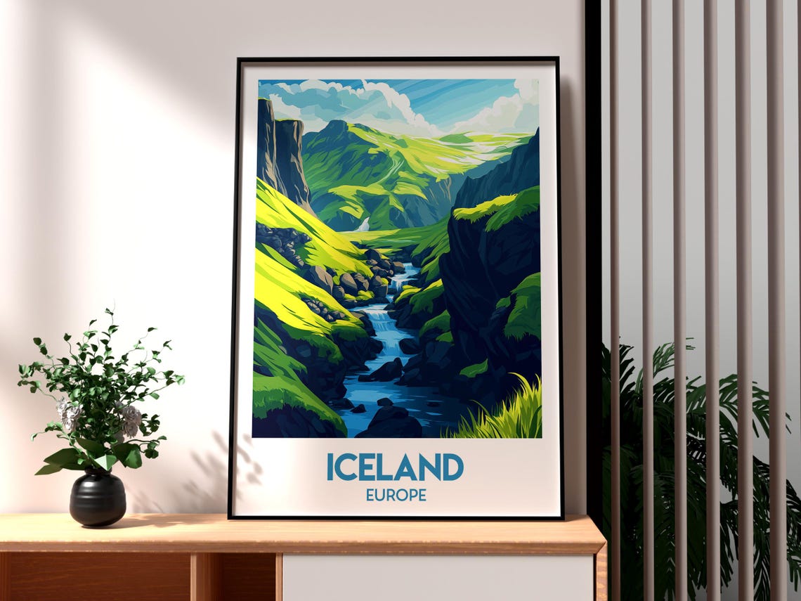 Iceland Green Canyon Waterfall River Valley Landscape Art Poster