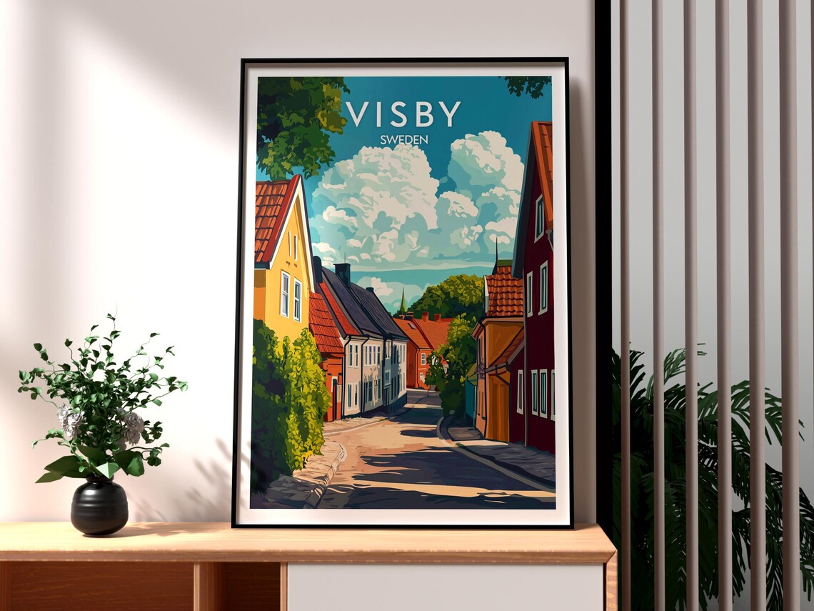 Visby Sweden Colorful Old Town Street Medieval Houses Travel Poster