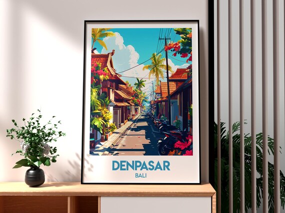 Denpasar Bali Indonesia Temple Street Motorbikes Tropical Travel Poster