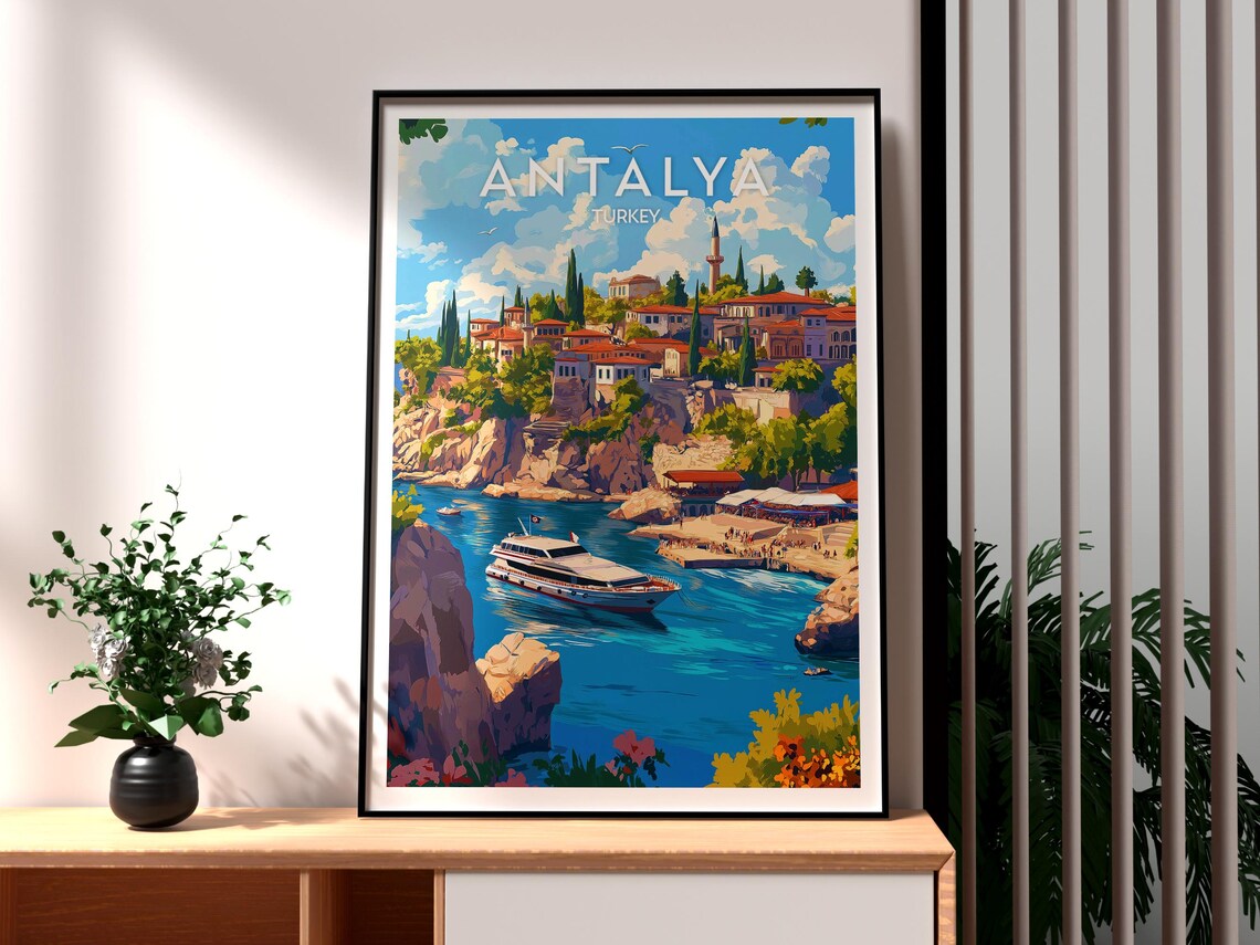 Antalya Turkey Cliffside Old Town Harbor Boat Coastal Travel Poster