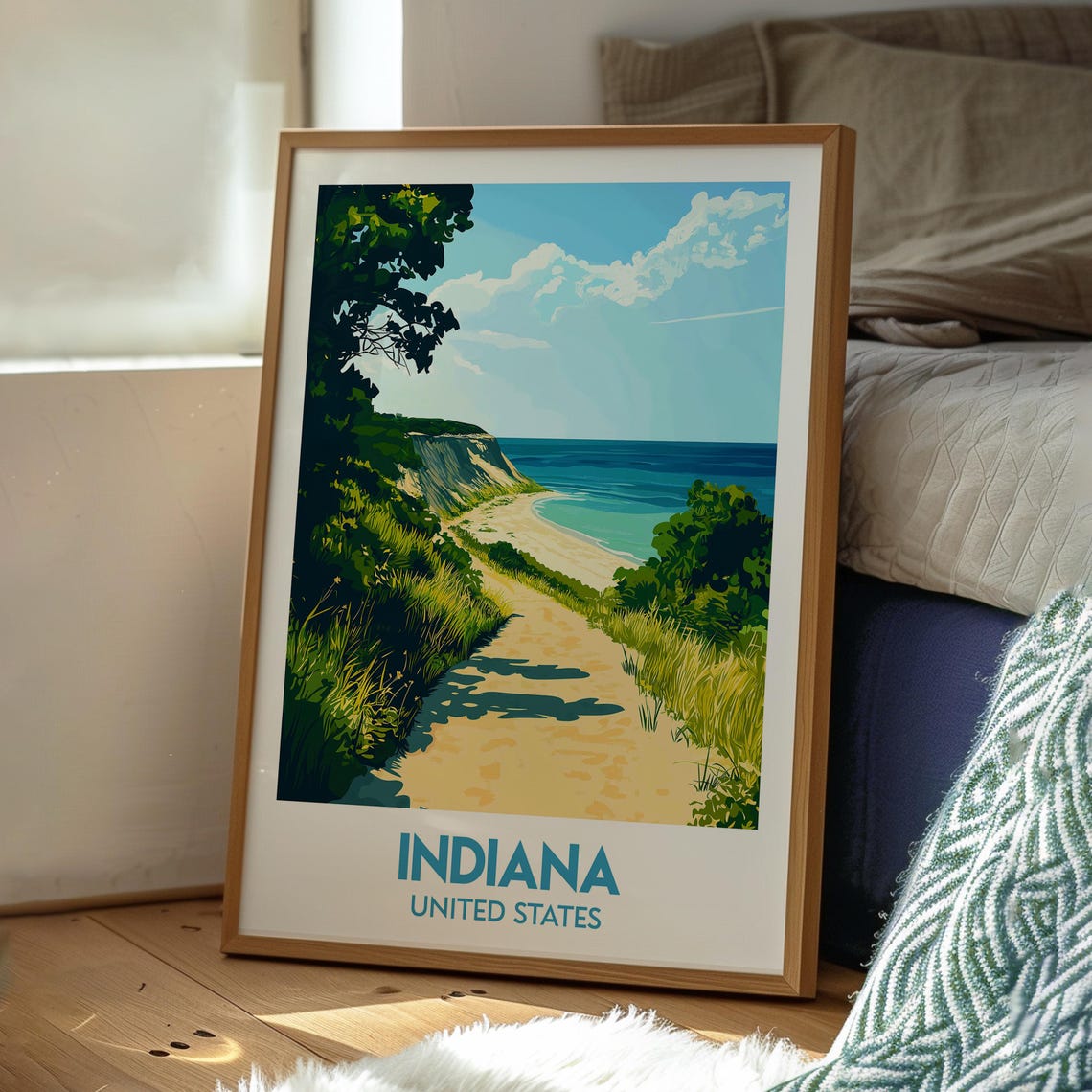 Indiana USA Sandy Beach Path Dune Coast Morning Scene Poster - Image 3
