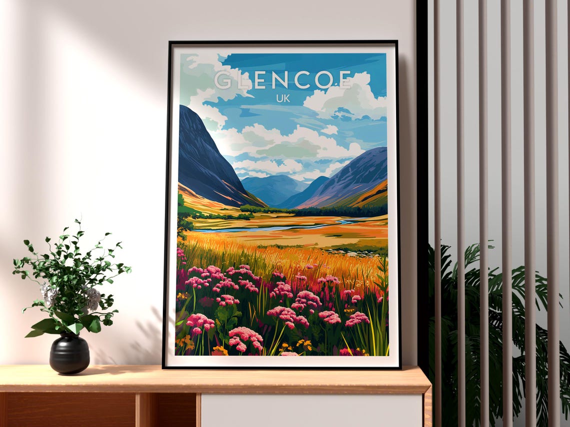 Glencoe Scotland Mountain Valley Wildflowers Highlands Poster