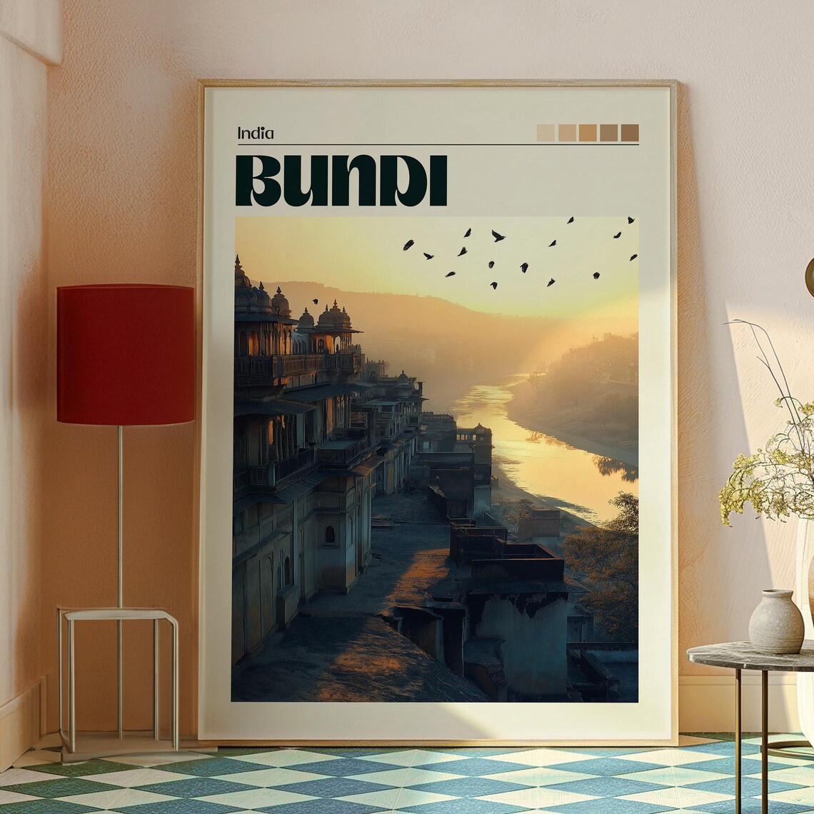 Bundi India Riverside Palaces Dawn River Birds Vintage Travel Poster - Image 2