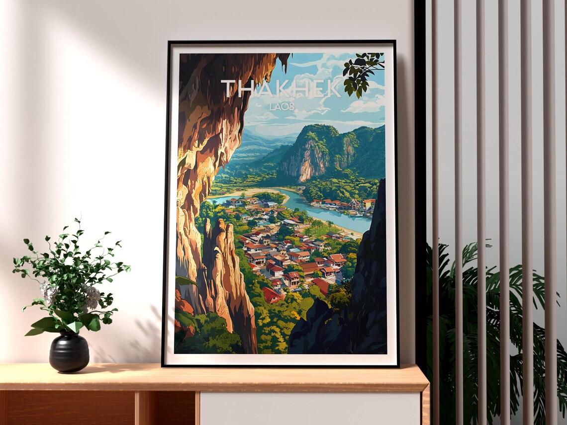 Thakhek Laos Cliff Viewpoint Mekong River Town Vintage Travel Poster