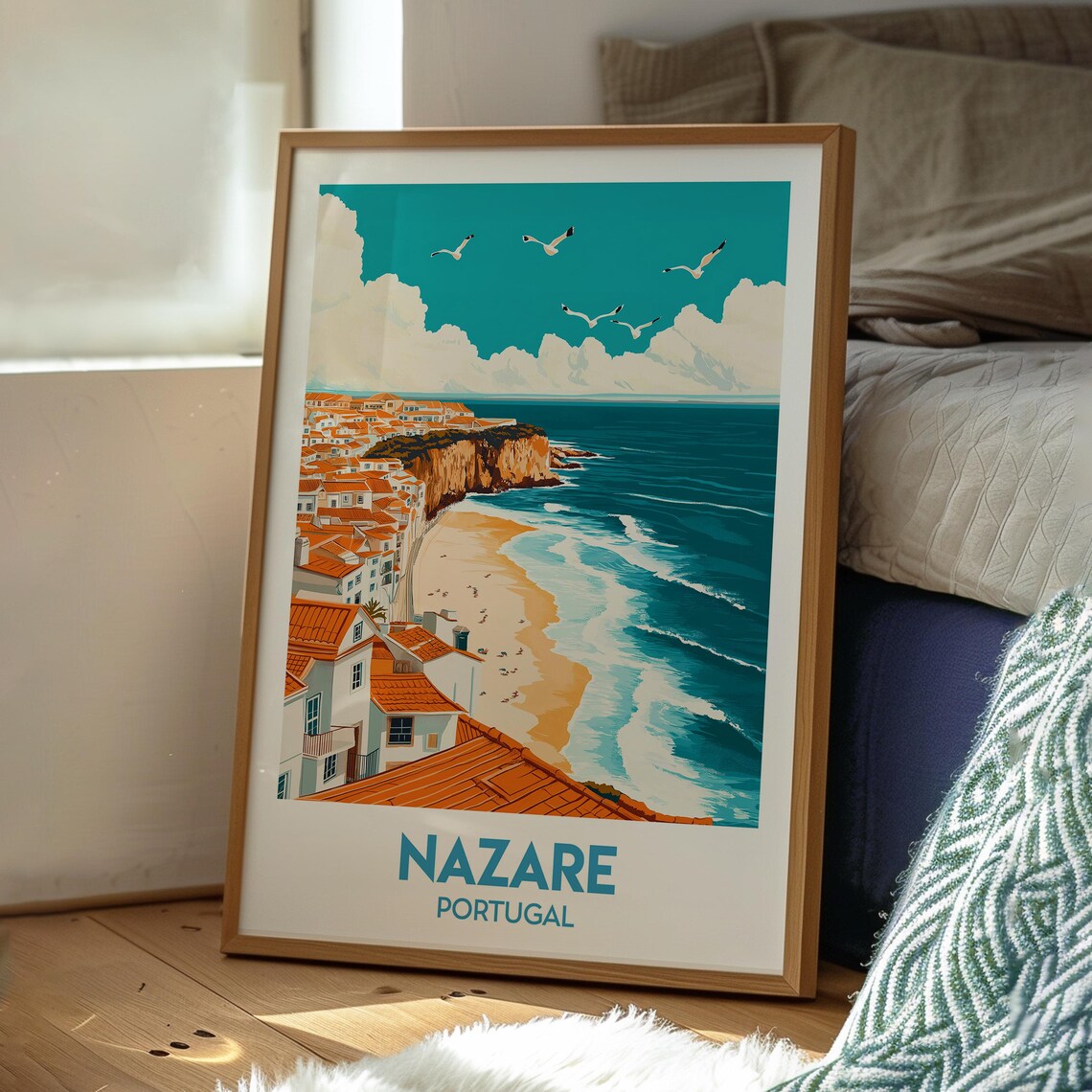 Nazare Portugal Cliff Town Red Roofs Beach Illustration Poster - Image 3