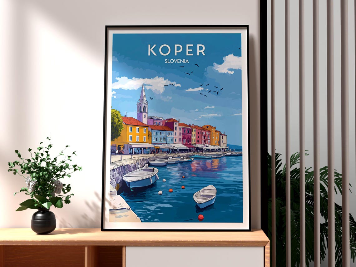 Koper Slovenia Colorful Harbor Waterfront Boats Travel Poster