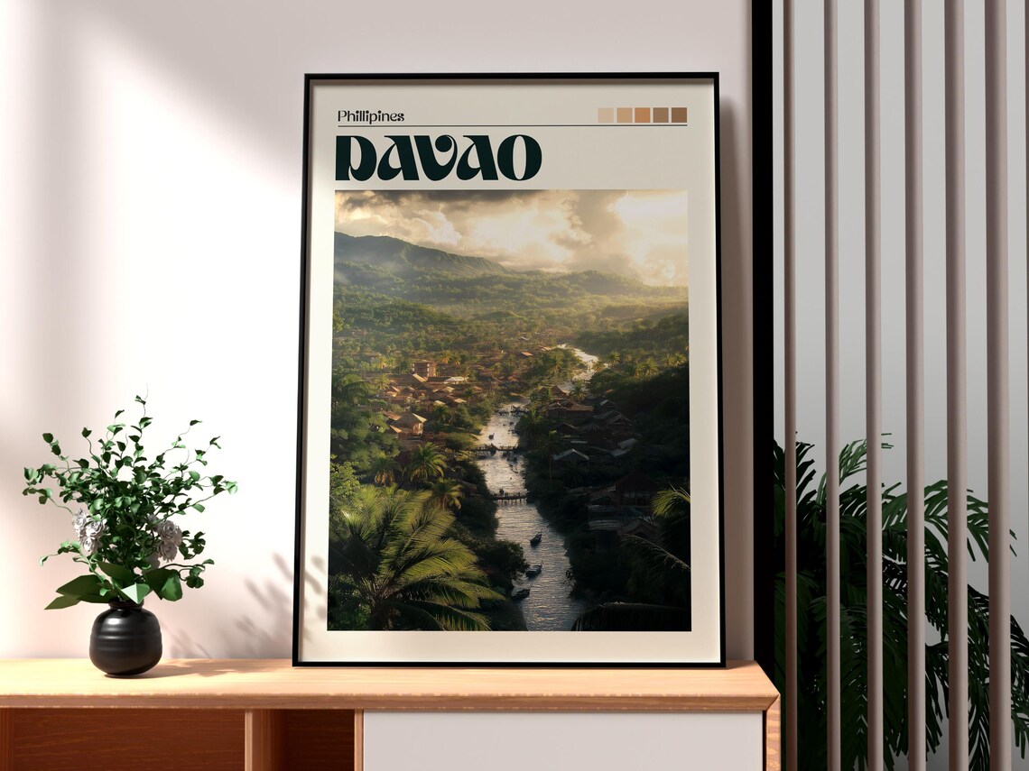 Davao Philippines River Valley Village Palm Trees Travel Poster